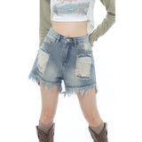 yipinpay Women's Straight Shorts Jeans Hot Pants High Waist Europe America Street Summer Vintage Ripped Design Denim Wide Leg Shorts