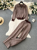 Yipinpay American Retro Sweater Suits Zipper Polo Collar Loose Pullover+Wide Legs Long Pants Winter Thick Geometric Women Sets