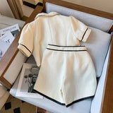 Yipinpay Waist Wide Leg Shorts Summer Two Piece Sets Lapel Puff Sleeve Women's Shirts Elegant Short Sleeve Crop Tops Retro Blouse