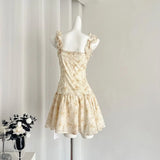 Yipinpay Romantic Yellow Flower Short Vintage Dress Summer Beach Style Sweet Sleeveless Waist Slimming A-line Slip Dress for Women