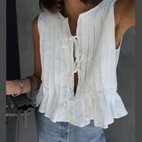 Yipinpay Lace-up Tank Top Skirts Set Women Sleeveless O-neck Ruffles Shirt Long Skirt 2024 Summer New Chic Lady Elegant Outfits