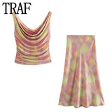 Yipinpay Tie Dye Satin Skirt Women High Waist Midi Skirt Women Summer Long Skirts For Women Fashion 2023 Elegant Women's Skirts Sets