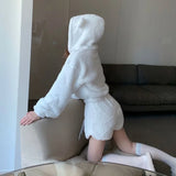 Yipinpay Autumn Winter Women's Plush Sweater Slim Retro Fashion Thickened Short High Waisted Bear Hooded Top and Short Pants