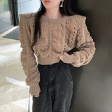 Yipinpay Thin Cutout Puff Sleeve White Twist Sweaters for Women 2023 Knitted Top Sueters Mujer Jumper Pullover Shirts Sweater