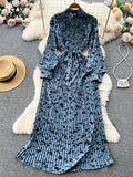 Yipinpay Senior French Retro Dress Turtleneck Long Lantern Sleeves Belt Pleated Women Streetwear Elegant Party Vintage Dress