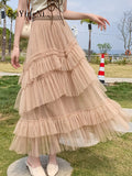 yipinpay Women's Tulle Tutu Skirt Irregular Mesh Princess Fairy Pleated Long Cake Skirts Korean Fashion Kawaii Chic Dance Skirt