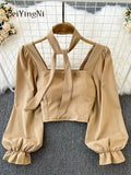 Yipinpay Woman's Blusas Korean Vintage Square Collar Long Sleeve Chiffon Blouses Women Back Elastic Kawaii Crop Top White Shirt