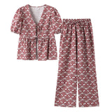 Yipinpay Flower Printed 2 Pieces Long Pant Sets For Women Elegant Short Sleeve Lace Up Shirt Wide Leg Trouser Summer Lady Outfits