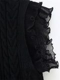 Yipinpay Black Knitted Vest Women Ruffle Women's Sleeveless Sweater Cropped Sweaters Women Winter 2023 Knit Top O-Neck Pullovers