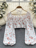 Yipinpay Summer French Style Print Short Blouse 2024 Long Sleeves Elastic Beach Top Women Fashion Backless Ruched Floral Blouse