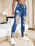Yipinpay Autumn New Women's Elastic Waist Ripped Jeans Fashion Skinny High Stretch Denim Pencil Pants Casual Slim Ladies Jeans S-2XL