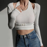Yipinpay Sexy Slim Long Sleeve T-shirts Hollow Out Crop Top Women Tunics Kpop Button Patchwork T Shirt Fake Two-piece Streetwear