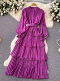 Yipinpay Spring French Style Chiffon Long Dress 2024 Long Sleeve Single Breasted Fashion Belt Women A-Line Elegant Party Dress