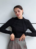 Yipinpay Brown Knitted Tops Women Bodycon T-Shirt Frill Long Sleeve Solid Basic Tops Miyake Pleats Female Inner Tee Office