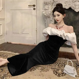 Yipinpay Mermaid Dresses Women Slash Neck Off Shoulder Patchwork Sleeveless Sexy Velvet Party Dress Elegant Ladies Backless