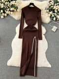 Yipinpay Streetwear Knit Split Dress O Neck Long Sleeves Slim Fit France Elegent Ladies Autumn Evening Party Bodycon Long Dress