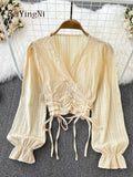 yipinpay Spring Fall V-neck Shirts Women Drawstring Buttons Korean Elegant Puff Sleeve Blouses Woman Simple Plain Crop Tops