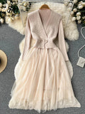 Yipinpay Autumn Solid Knitted Long Dress Women Warm Vest+Long Sleeves Mesh Patchwork Thick Sweater Dress Two Pieces Suits