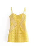 Yipinpay Women Yellow Lace Trim Spaghetti Strap Bodycon Mini Dress Romantic Lady Backless Sleeveless Party Club Sexy Dress