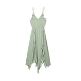 Yipinpay Green Ruffle Dress Woman Chiffon Slip Long Dress Women Asymmetric Backless Sexy Party Dresses Midi Holiday Summer Dresses