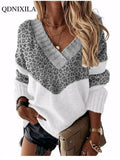 Yipinpay Autumn Winter V-neck Women's Pullover Leopard Striped Vintage Long Sleeve Knit Top Korean Fashion Pink Women Sweater Jersey
