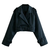 Yipinpay New Women Fashion With Belt Oversized Cropped Trench Coats Vintage Double Button Long Sleeve Ladies Short Khaki Jacket