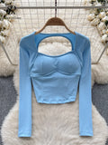 Yipinpay Women Sporty Tops Square Collar Long Sleeve Backless Kink With Chest Pad Slim Fit American Streetwear Sexy Mini Blouse