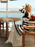 yipinpay 2023 Beach Holiday Summer Knitted Long Sleeve Women Striped Maxi Dress Bodycon Elegant Sexy Outfits Party Long Dress