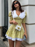 Yipinpay Summer Printed Patchwork Mini Dress Female V-Neck Short Sleeve Slim Fashion Elegant Party Dress Gown For Women Dress 2024
