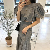 Yipinpay Waist Bodycon Fishtail Skirts Sets Vintage Mermaid Short Sleeve Plaid Shirt Beach Outfits for Women 2 Sets Crop Tops Blouse