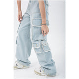 yipinpay Women's Straight Cargo Jeans High Waist American Streetwear Vintage Pants Chic Design Casual Ladies Denim Wide Leg Trouser