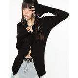 yipinpay Women Black Cardigan Sweater Star Embroidery Irregular Outerwear V-neck American Fashion Lazy Wind Winter Thin Knitting Coat