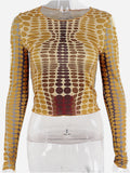yipinpay Top Long Sleeve T-Shirts Women Dot Print Graphic Tees Autumn Winter Clothes Streetwear O Neck Bodycon Yellow Crop Top