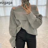 Yipinpay Korean Chic Women Sweater Elegant Hollow Out Off Shoulder Patchwork Loose Knitted Tops Office Lady Fashion Pullover