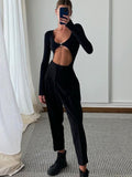 Yipinpay MO 2023New Cut Out Sexy Long Sleeve Bodysuits For Women Elegant O-Ring Metal Slim Tops High Rise Bodysuit Clothes