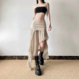 Yipinpay Spicy Girl Style Light and Thin Split Mesh Irregular Skirt for Women High Waist Slim Versatile Mid Length y2k Skirt