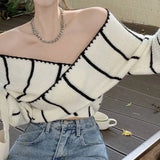 Yipinpay Cross V Neck Off The Shoulder Black White Striped Knitted Sweaters Women Sexy One Slim Irregular Crop Top 2023 Grey
