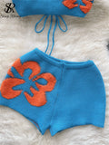 Yipinpay Bohemian Beach Style Knitting Sets Lace Up Bow Backless Sleeveless Strapless Top+Splice Flower Shorts Two Pieces Suits