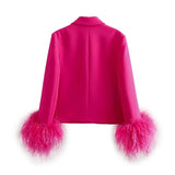 Yipinpay Fuchsia Cropped Blazer Woman New In Short Feather Coats And Jackets Long Sleeve Blazers For Women Elegant Stylish Jacket