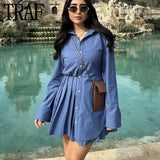 Yipinpay Blue Shirt Dress Woman Striped Pleated Short Dresses For Women Long Sleeve Casual Summer Women's Dresses Button Mini Dress