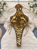 Yipinpay Halter Backless Sexy Playsuits 2024 Women Drawstring Slim Top+Mini Skirt Shiny Bodysuits Sensual Beach Two Pieces Sets