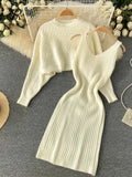 Yipinpay Autumn Knitted Dress Suits Women O Neck Long Sleeves Short Pullover+Strap Elastic Dress Korean Sweater Two Pieces Sets