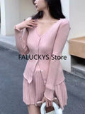 Yipinpay Two-piece Solid Skirt Sets Women V-neck Long Sleeves Knitted Cardigan + Mini Pleated Skirt Autumn Y2K Korean Chic Suit