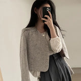 Yipinpay Temperament Slim Retro Simple V Neck Single Breasted Plaid Jacket Short Fashion Long Sleeve Tweed Cardigan Thin Autumn Top