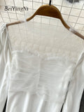Yipinpay French Vintage T-shirt Women Square Collar Sexy Mesh Patchwork Cropped Tops Chic Slim Fit Long Sleeve T Shirts Female