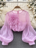 Yipinpay Fashion Vintage Court Style Blouse Women Zipper Transparent Three Dimensional Floral Design 2024 Casual Loose T Shirt