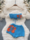Yipinpay Bohemian Beach Style Knitting Sets Lace Up Bow Backless Sleeveless Strapless Top+Splice Flower Shorts Two Pieces Suits