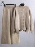 Yipinpay Winter Women Sweater Suits Thick Turtleneck Loose Sweater+ Wide Leg Long Pants Female Knitted Warm Two Pieces Sets