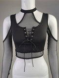 Yipinpay Gothic Mesh T-shirt Women Vintage Streetwear Punk Aesthetic Lace Up Patchwork Tee Tops Y2k Open Shoulder Emo Alt Clothes