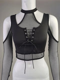Yipinpay Gothic Mesh T-shirt Women Vintage Streetwear Punk Aesthetic Lace Up Patchwork Tee Tops Y2k Open Shoulder Emo Alt Clothes